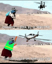 a cartoon of a woman standing in the desert next to a plane and a helicopter .