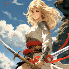 a woman with long blonde hair is holding two swords in front of a mountain