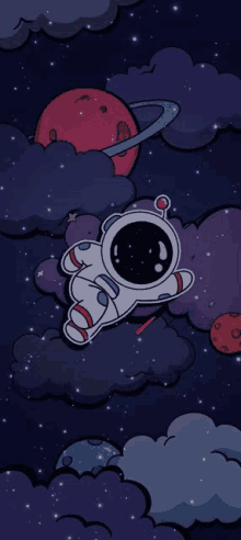 a cartoon illustration of an astronaut flying through the clouds in space