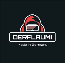 a logo for derflaumi made in germany with a red hoodie