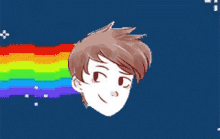 a drawing of a boy with a rainbow behind him