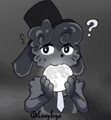 a drawing of a rabbit wearing a top hat and tie holding a full moon with a question mark above it