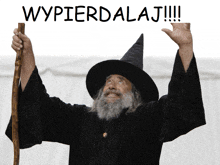 a man in a wizard costume is holding a cane and a sign that says wypierdalaj