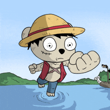 a cartoon of a teddy bear wearing a straw hat and vest