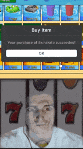 a man is looking at a screen that says buy item your purchase of skincrate succeeded