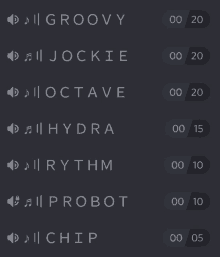 a list of music tracks including groovy jockie octave hydra rhythm probot chip and chip