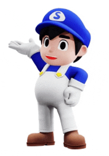 a 3d cartoon character wearing a blue hat and white overalls is standing and pointing .