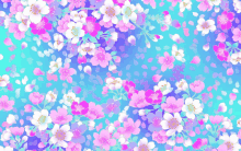 a blue background with pink and white flowers and leaves