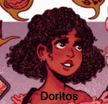 a cartoon drawing of a woman with the word doritos on her chest