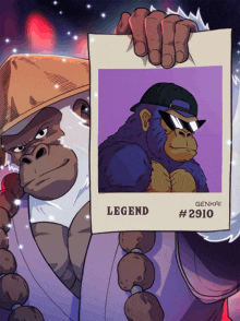 a cartoon of a gorilla holding a poster that says legend