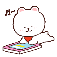 a cartoon drawing of a white bear using a pink cell phone