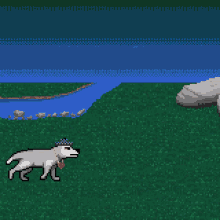 a pixel art of a wolf and sheep sitting on rocks