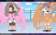 a girl with pink wings is standing next to a girl with brown wings