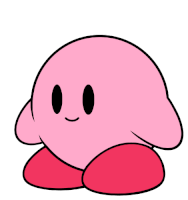 a pink kirby cartoon character with black eyes and red feet