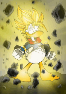 a drawing of donald duck with a super saiyan hairdo