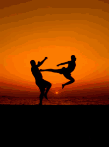 a man kicking another man in the air with the sun in the background