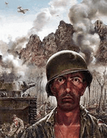 a painting of a soldier in a helmet standing in front of a battle scene .