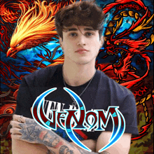 a man stands in front of a colorful background with the word venom on it