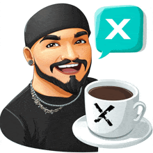 a cartoon of a man holding a cup of coffee and a speech bubble with an x on it