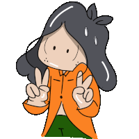 a cartoon drawing of a girl with black hair giving a peace sign