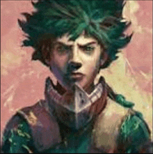 a painting of a young man with green hair and a helmet on .