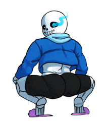 a drawing of a skeleton wearing a blue jacket and black pants squatting down