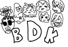 a black and white drawing of a group of people with the letters bdk in the middle