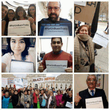 a collage of people holding up signs that say `` por un buentrato '' .