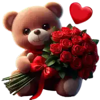 a teddy bear holding a bouquet of red roses with a red heart in the background