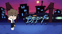 a cartoon character is standing in front of a city and the word beef is visible