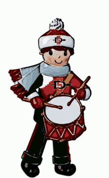 a cartoon drawing of a person playing a drum with the letter s on their hat