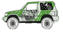 a drawing of a green suv with two men on the back