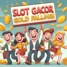 a group of people hold up a sign that says slot gacor gold falling