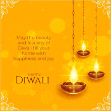 a diwali greeting card with candles hanging from strings