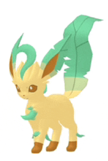 a yellow pokemon with green wings and a leaf on its tail .