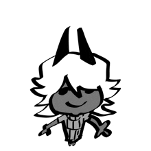 a black and white drawing of a demon with horns