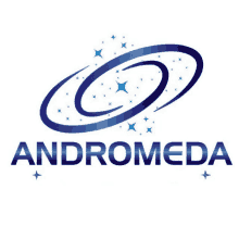 a logo for the company andromeda with a blue galaxy and stars