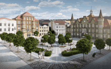 an artist 's impression of a plaza with trees and buildings