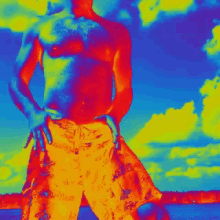 a man without a shirt is shown in a colorful graphic