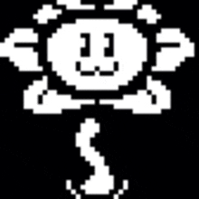 a black and white pixel art of a flower with a face on it