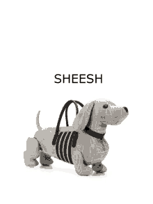 a dachshund shaped bag with the word sheesh written above it