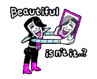 a cartoon of a person holding a picture of themselves with the words beautiful is n't it ?