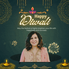 a happy diwali greeting card with a woman in the center