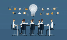 an illustration of a group of people having a meeting with a light bulb above them