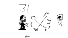 a black and white drawing of a cartoon character and a stick figure with the number 31 written on it .