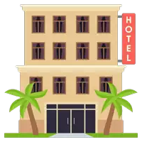 an illustration of a hotel with palm trees in front