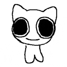 a black and white drawing of a cat with big eyes and a face .