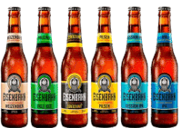 six bottles of eisenbahn beer are lined up on a white background