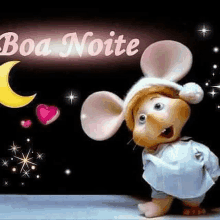 a stuffed mouse wearing a hat and a dress is standing in front of a crescent moon .