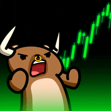 a cartoon of a bull with a gold nose ring and a green stock chart behind it